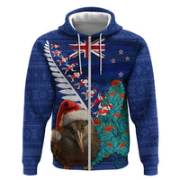 New Zealand Christmas Hoodie Kiwi Bird Santa and Silver Fern Funny Haka Dance LT03 Zip Hoodie Blue - Polynesian Pride