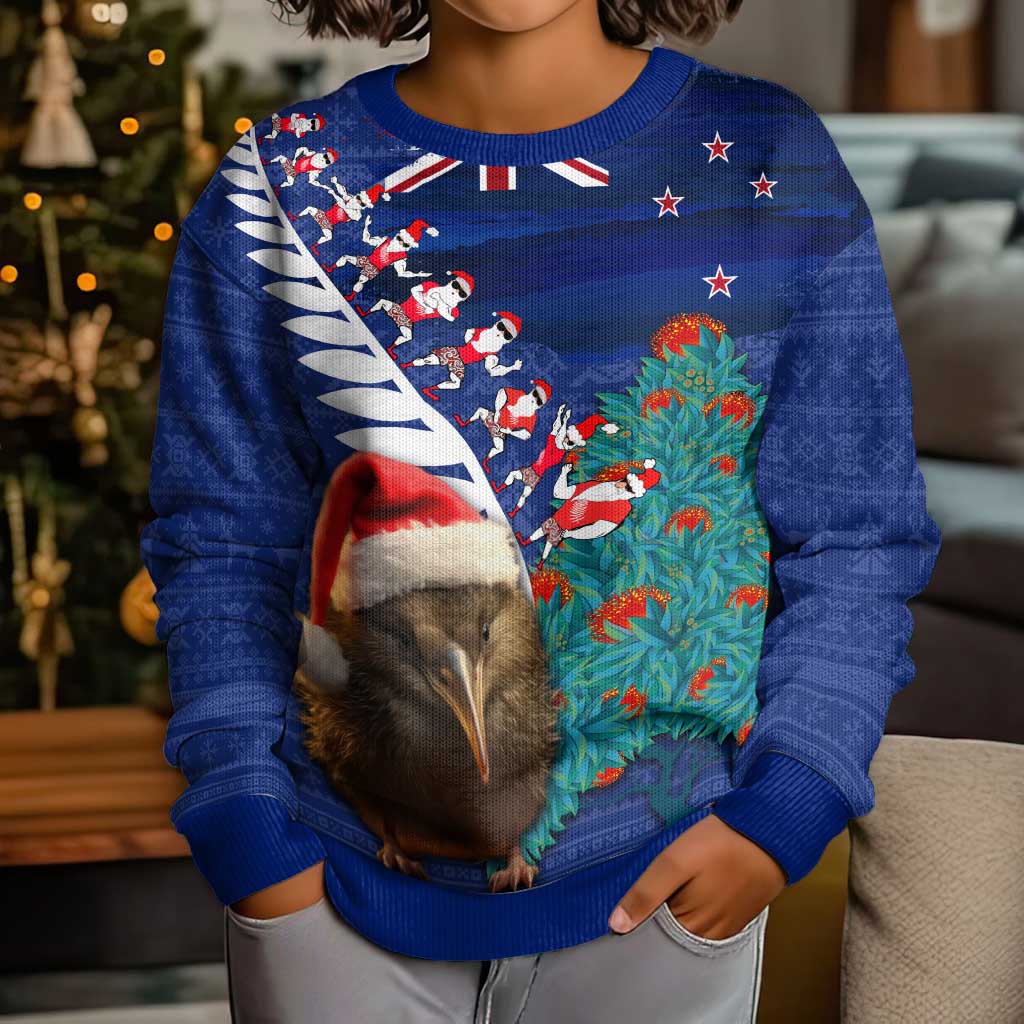 New Zealand Christmas Kid Ugly Christmas Sweater Kiwi Bird Santa and Silver Fern Funny Haka Dance LT03 - Polynesian Pride