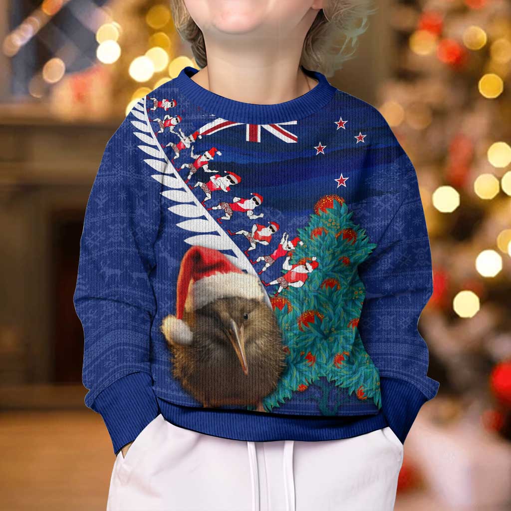 New Zealand Christmas Kid Ugly Christmas Sweater Kiwi Bird Santa and Silver Fern Funny Haka Dance LT03 - Polynesian Pride