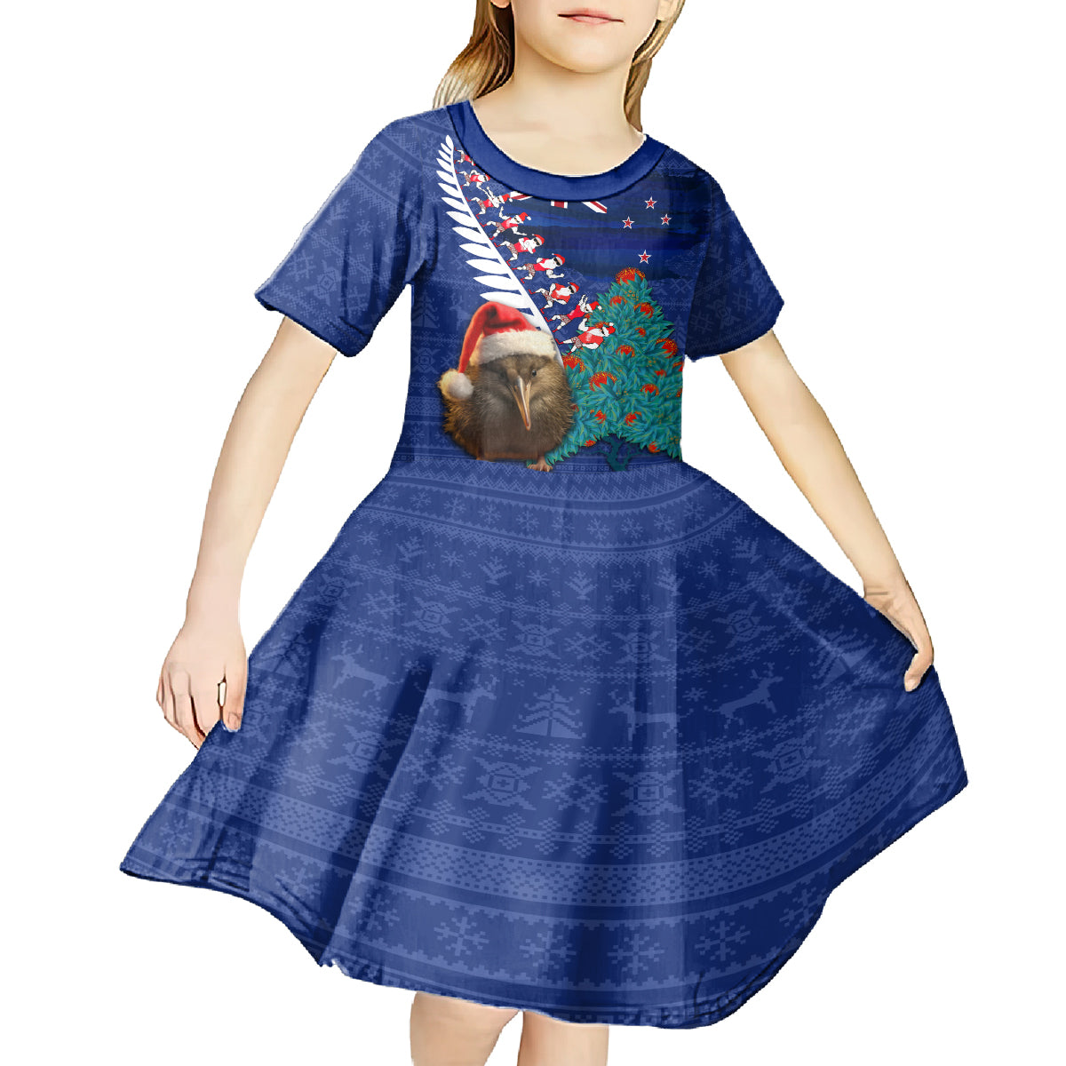 New Zealand Christmas Kid Short Sleeve Dress Kiwi Bird Santa and Silver Fern Funny Haka Dance LT03 - Polynesian Pride