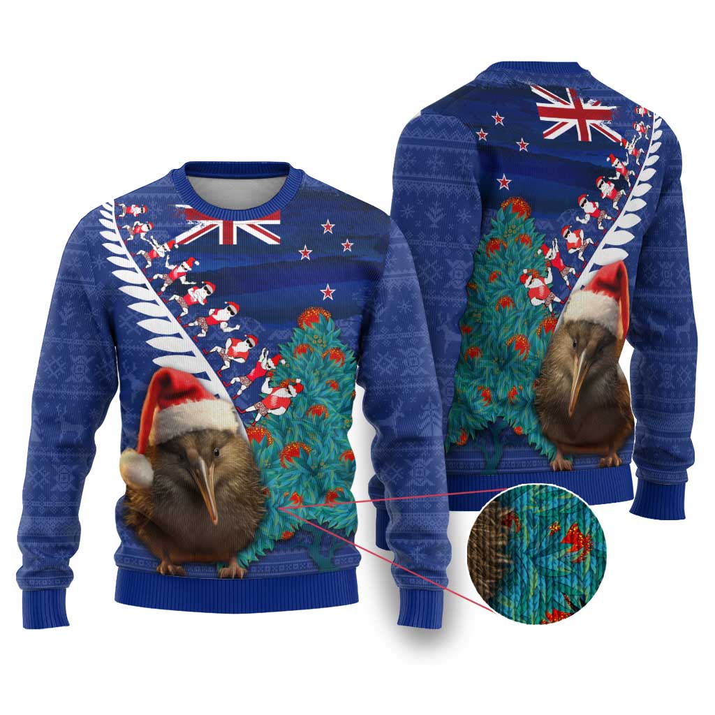 New Zealand Christmas Ugly Christmas Sweater Kiwi Bird Santa and Silver Fern Funny Haka Dance LT03 Blue - Polynesian Pride