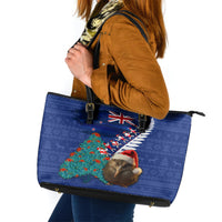 New Zealand Christmas Leather Tote Bag Kiwi Bird Santa and Silver Fern Funny Haka Dance LT03 Blue - Polynesian Pride