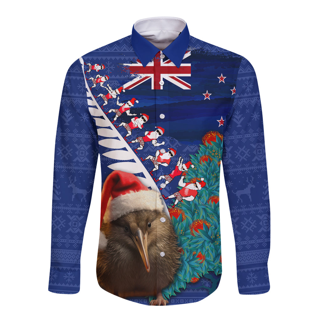 New Zealand Christmas Long Sleeve Button Shirt Kiwi Bird Santa and Silver Fern Funny Haka Dance LT03 Unisex Blue - Polynesian Pride
