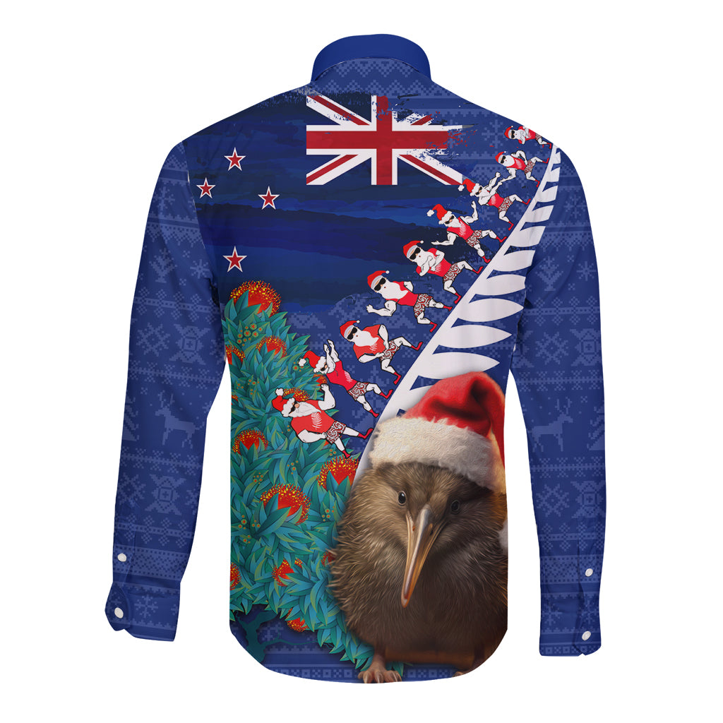 New Zealand Christmas Long Sleeve Button Shirt Kiwi Bird Santa and Silver Fern Funny Haka Dance LT03 - Polynesian Pride