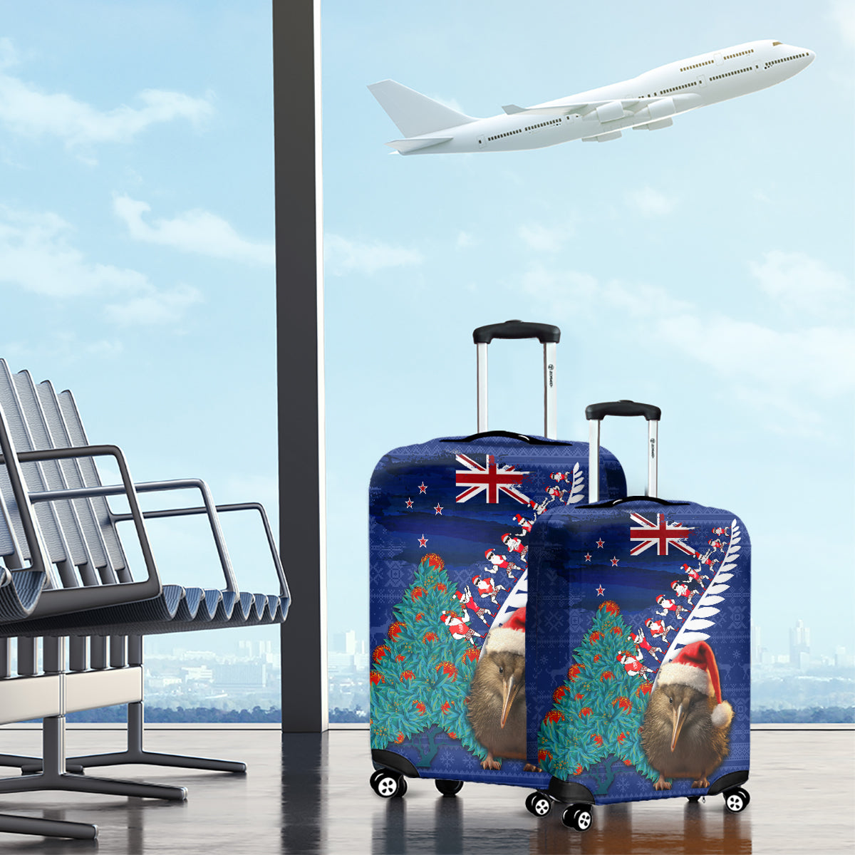 New Zealand Christmas Luggage Cover Kiwi Bird Santa and Silver Fern Funny Haka Dance LT03 - Polynesian Pride