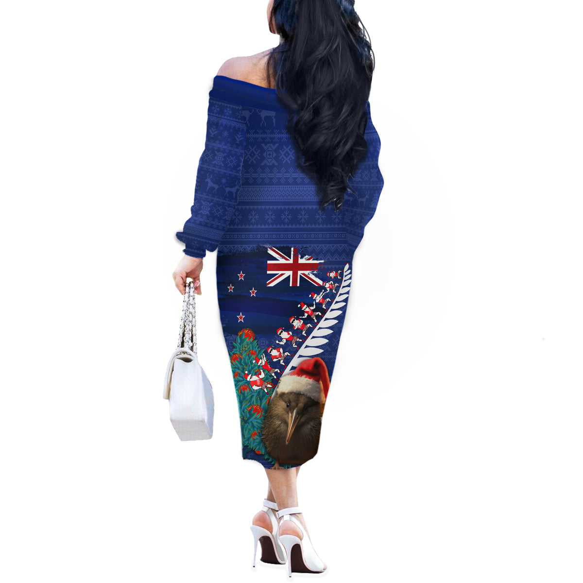 New Zealand Christmas Off The Shoulder Long Sleeve Dress Kiwi Bird Santa and Silver Fern Funny Haka Dance LT03 - Polynesian Pride