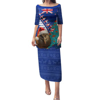 New Zealand Christmas Puletasi Kiwi Bird Santa and Silver Fern Funny Haka Dance LT03 Long Dress Blue - Polynesian Pride