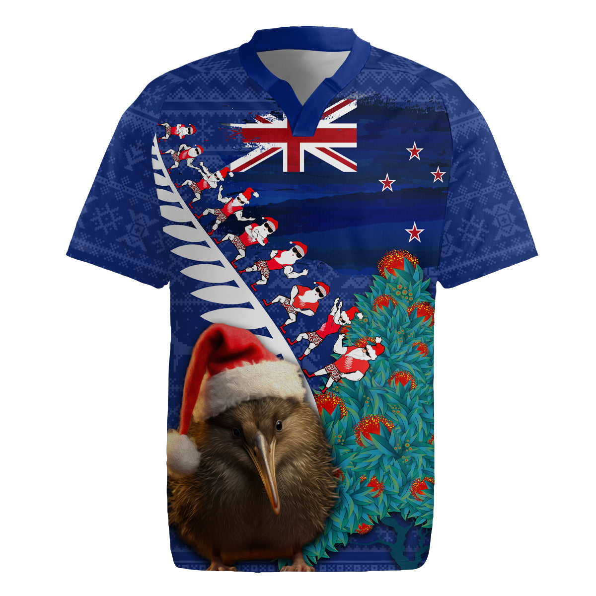 New Zealand Christmas Rugby Jersey Kiwi Bird Santa and Silver Fern Funny Haka Dance LT03 Blue - Polynesian Pride