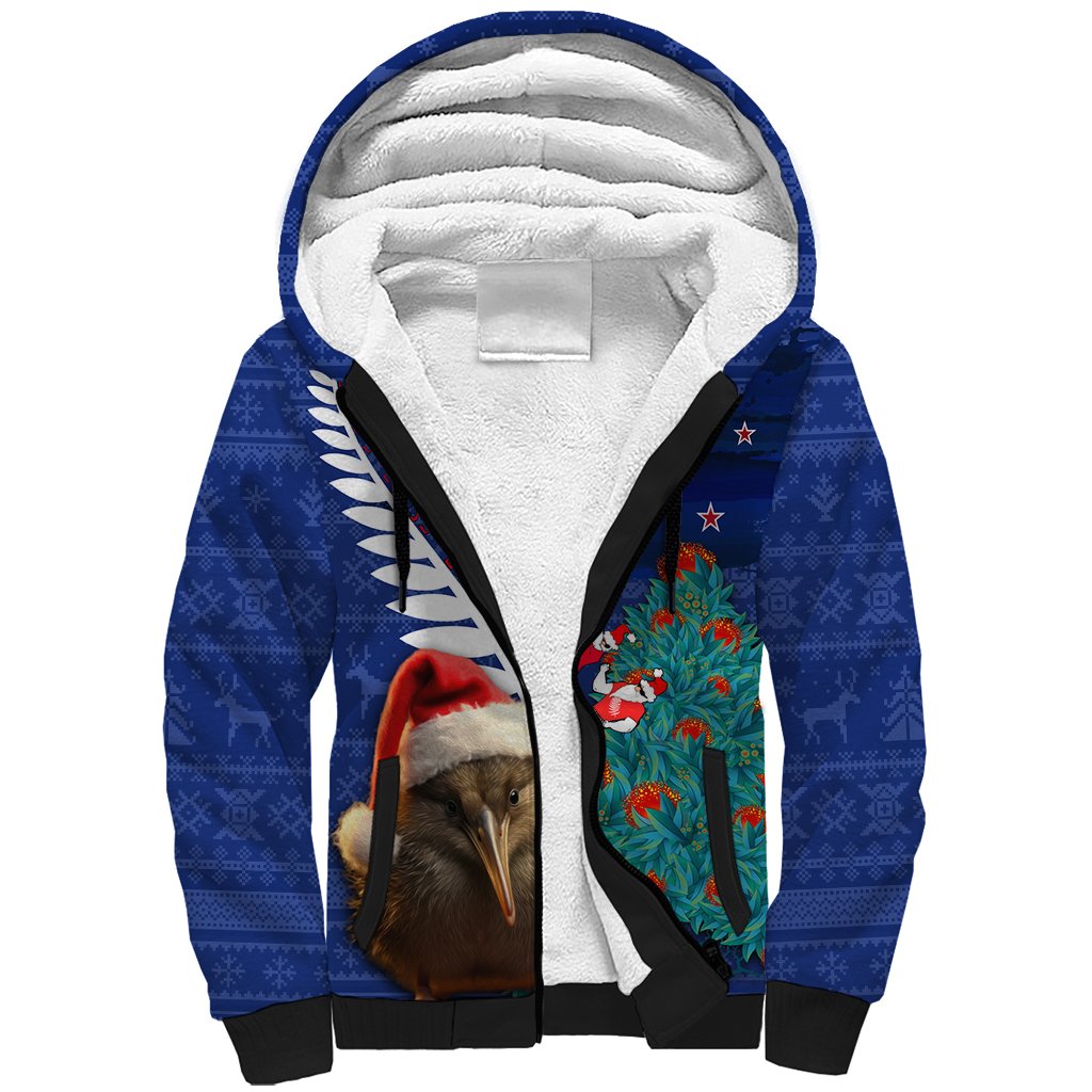 New Zealand Christmas Sherpa Hoodie Kiwi Bird Santa and Silver Fern Funny Haka Dance LT03 Unisex Blue - Polynesian Pride