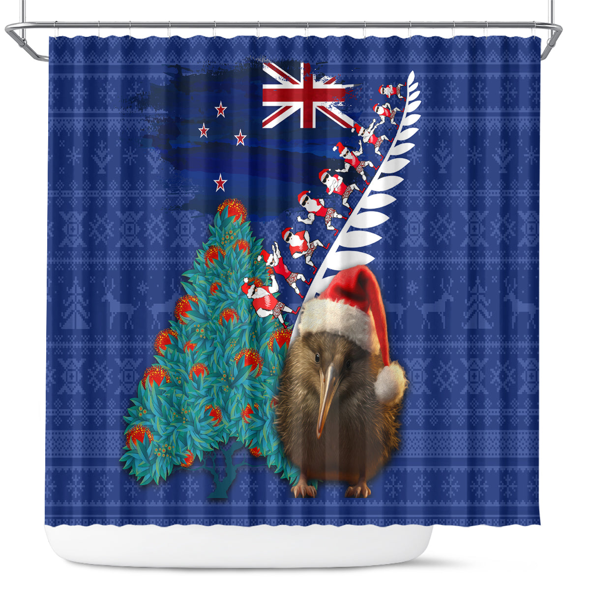 New Zealand Christmas Shower Curtain Kiwi Bird Santa and Silver Fern Funny Haka Dance LT03 Blue - Polynesian Pride