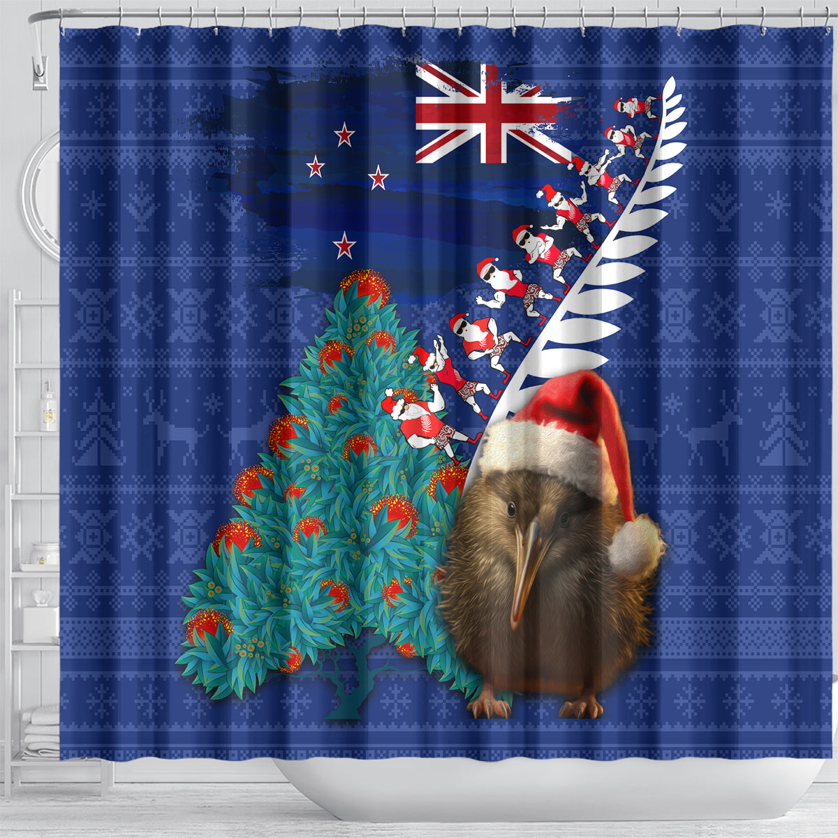 New Zealand Christmas Shower Curtain Kiwi Bird Santa and Silver Fern Funny Haka Dance LT03 - Polynesian Pride