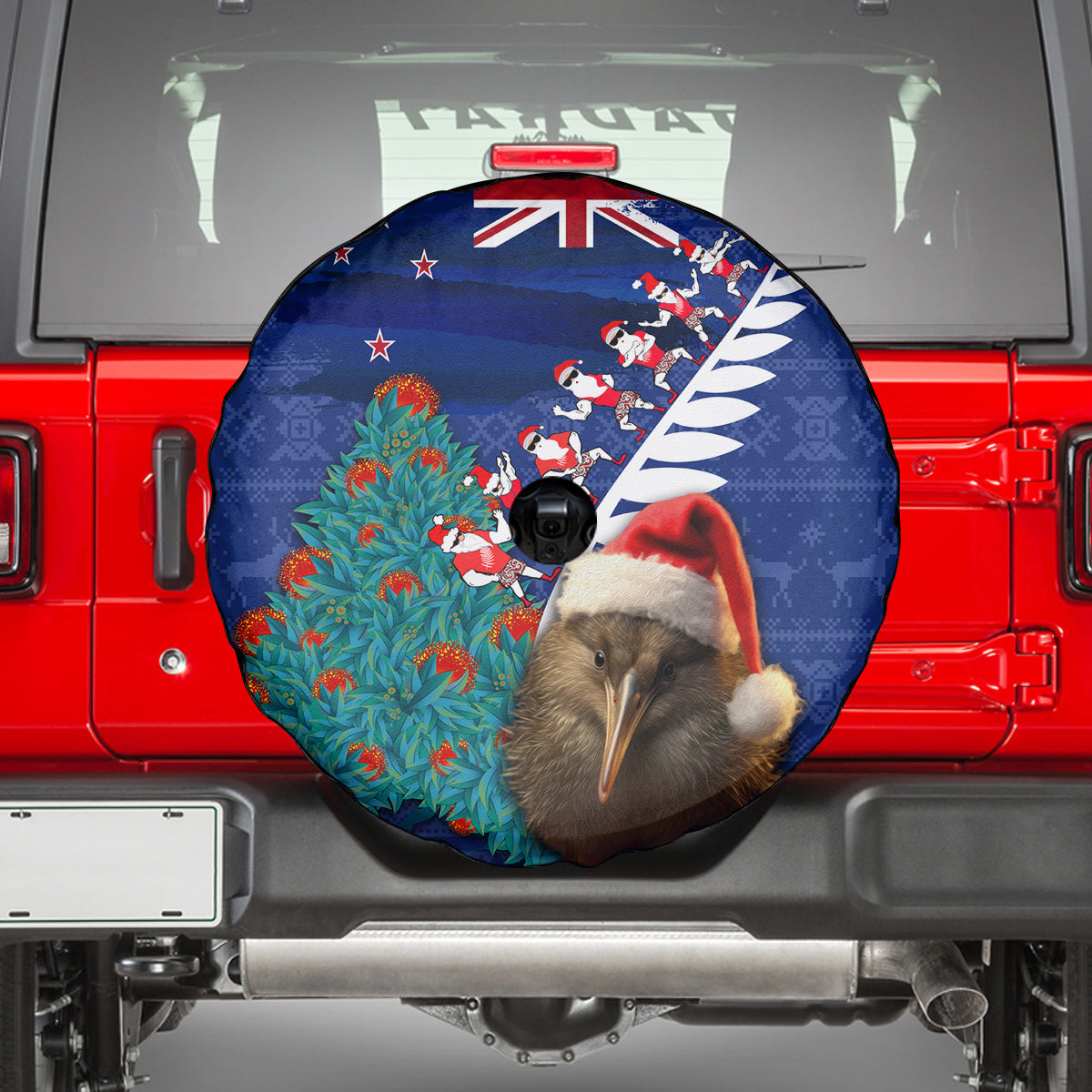 New Zealand Christmas Spare Tire Cover Kiwi Bird Santa and Silver Fern Funny Haka Dance LT03 - Polynesian Pride