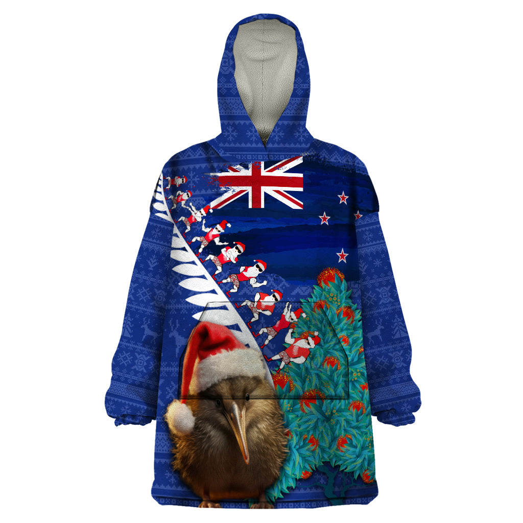 New Zealand Christmas Wearable Blanket Hoodie Kiwi Bird Santa and Silver Fern Funny Haka Dance LT03 One Size Blue - Polynesian Pride