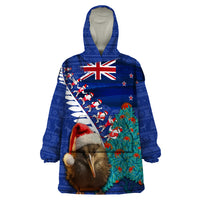 New Zealand Christmas Wearable Blanket Hoodie Kiwi Bird Santa and Silver Fern Funny Haka Dance LT03 One Size Blue - Polynesian Pride