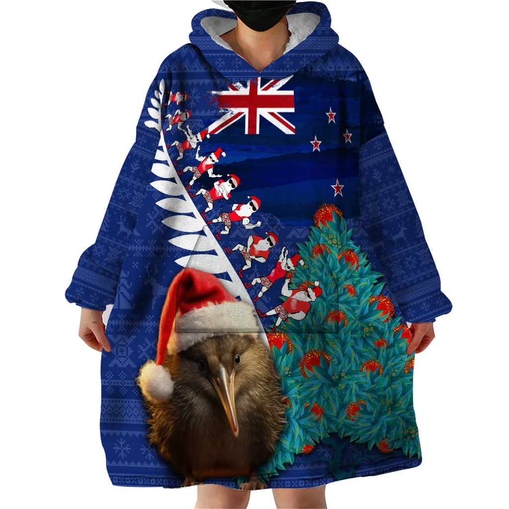 New Zealand Christmas Wearable Blanket Hoodie Kiwi Bird Santa and Silver Fern Funny Haka Dance LT03 - Polynesian Pride