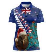 New Zealand Christmas Women Polo Shirt Kiwi Bird Santa and Silver Fern Funny Haka Dance LT03 Female Blue - Polynesian Pride
