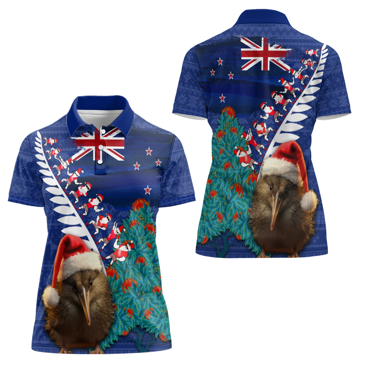 New Zealand Christmas Women Polo Shirt Kiwi Bird Santa and Silver Fern Funny Haka Dance LT03 - Polynesian Pride
