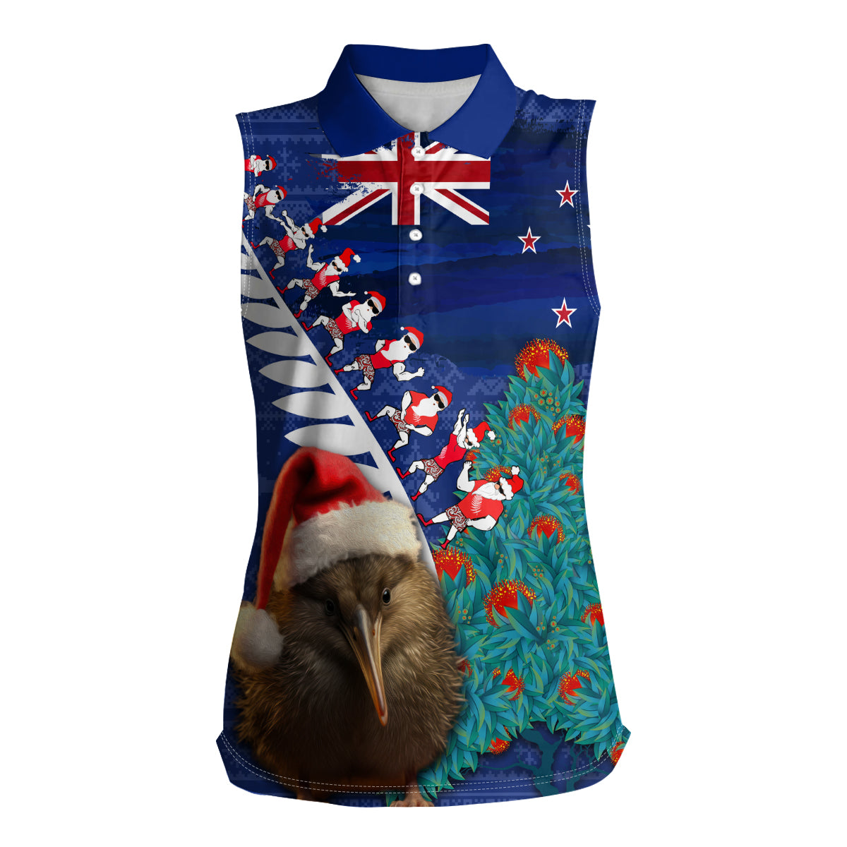 New Zealand Christmas Women Sleeveless Polo Shirt Kiwi Bird Santa and Silver Fern Funny Haka Dance LT03 Female Blue - Polynesian Pride