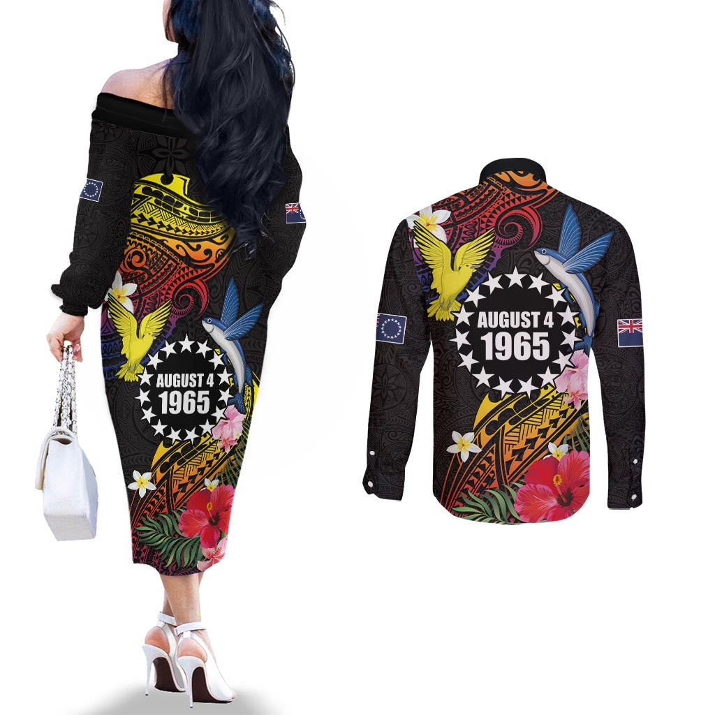 Cook Islands Independence Day Couples Matching Off The Shoulder Long Sleeve Dress and Long Sleeve Button Shirt Maroro and Kakaia with Hibiscus Flower Polynesian Pattern