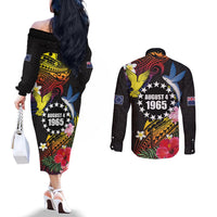 Cook Islands Independence Day Couples Matching Off The Shoulder Long Sleeve Dress and Long Sleeve Button Shirt Maroro and Kakaia with Hibiscus Flower Polynesian Pattern