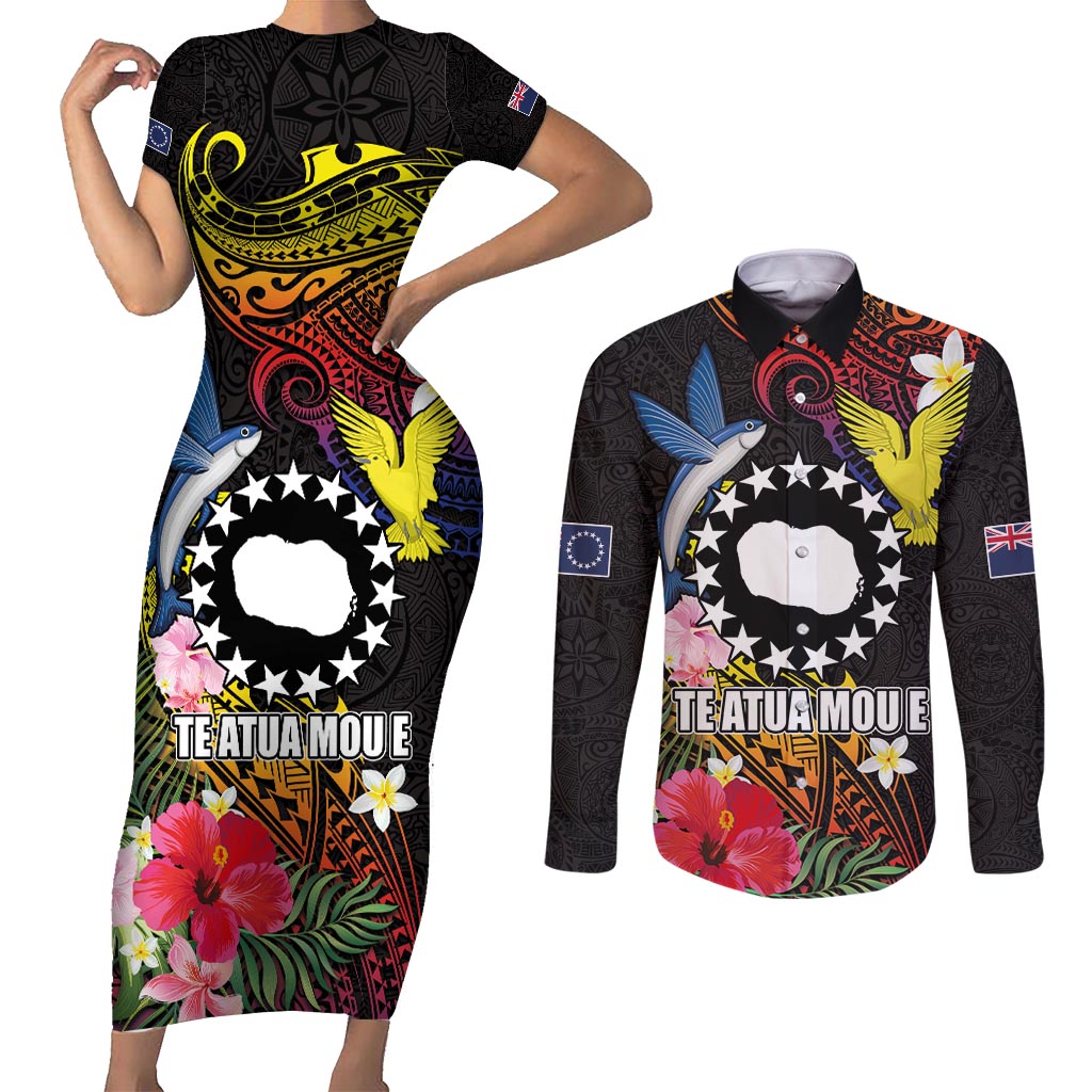 Cook Islands Independence Day Couples Matching Short Sleeve Bodycon Dress and Long Sleeve Button Shirt Maroro and Kakaia with Hibiscus Flower Polynesian Pattern