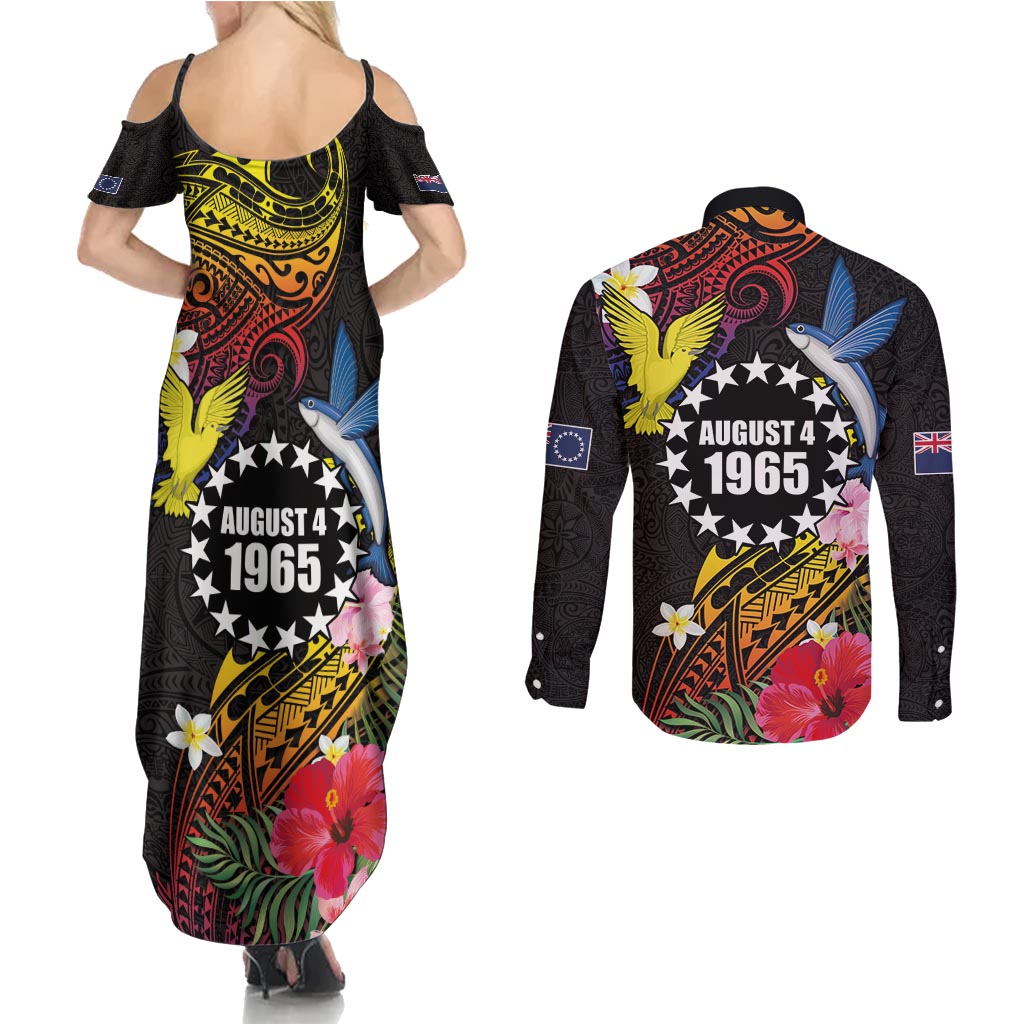 Cook Islands Independence Day Couples Matching Summer Maxi Dress and Long Sleeve Button Shirt Maroro and Kakaia with Hibiscus Flower Polynesian Pattern