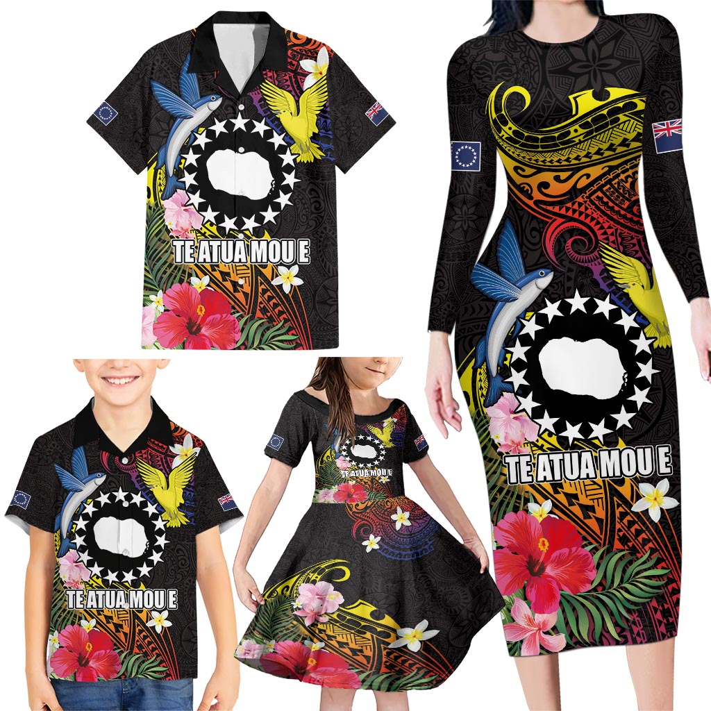 Cook Islands Independence Day Family Matching Long Sleeve Bodycon Dress and Hawaiian Shirt Maroro and Kakaia with Hibiscus Flower Polynesian Pattern LT03 - Polynesian Pride