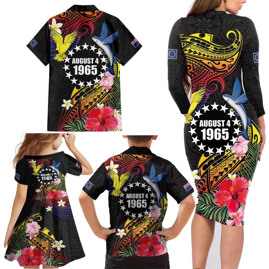 Cook Islands Independence Day Family Matching Long Sleeve Bodycon Dress and Hawaiian Shirt Maroro and Kakaia with Hibiscus Flower Polynesian Pattern LT03 - Polynesian Pride
