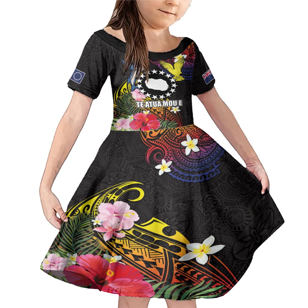 Cook Islands Independence Day Family Matching Mermaid Dress and Hawaiian Shirt Maroro and Kakaia with Hibiscus Flower Polynesian Pattern LT03 Daughter's Dress Black - Polynesian Pride