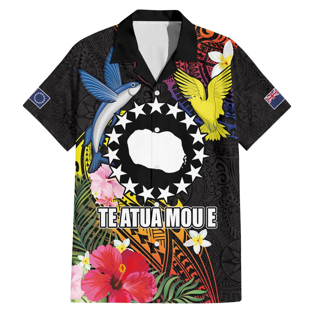 Cook Islands Independence Day Family Matching Mermaid Dress and Hawaiian Shirt Maroro and Kakaia with Hibiscus Flower Polynesian Pattern LT03 Dad's Shirt - Short Sleeve Black - Polynesian Pride