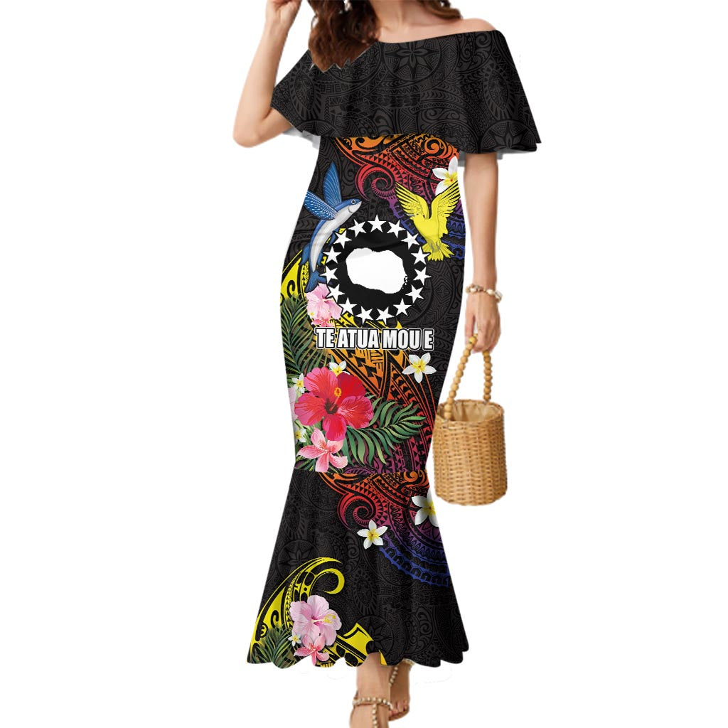 Cook Islands Independence Day Family Matching Mermaid Dress and Hawaiian Shirt Maroro and Kakaia with Hibiscus Flower Polynesian Pattern LT03 Mom's Dress Black - Polynesian Pride