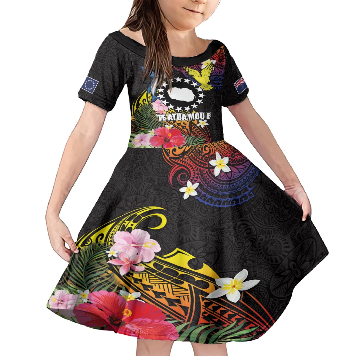 Cook Islands Independence Day Family Matching Off The Shoulder Long Sleeve Dress and Hawaiian Shirt Maroro and Kakaia with Hibiscus Flower Polynesian Pattern LT03 Daughter's Dress Black - Polynesian Pride