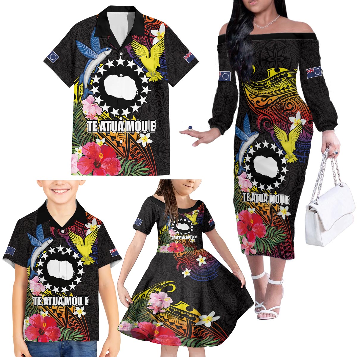 Cook Islands Independence Day Family Matching Off The Shoulder Long Sleeve Dress and Hawaiian Shirt Maroro and Kakaia with Hibiscus Flower Polynesian Pattern LT03 - Polynesian Pride