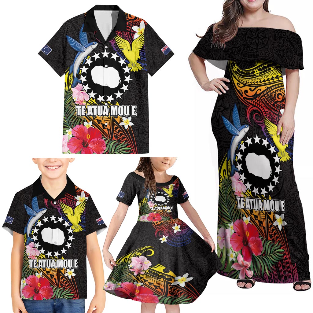 Cook Islands Independence Day Family Matching Off Shoulder Maxi Dress and Hawaiian Shirt Maroro and Kakaia with Hibiscus Flower Polynesian Pattern LT03 - Polynesian Pride