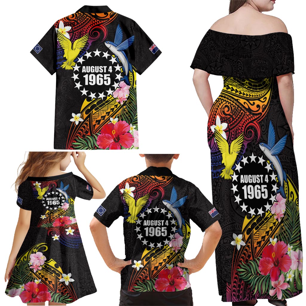 Cook Islands Independence Day Family Matching Off Shoulder Maxi Dress and Hawaiian Shirt Maroro and Kakaia with Hibiscus Flower Polynesian Pattern LT03 - Polynesian Pride