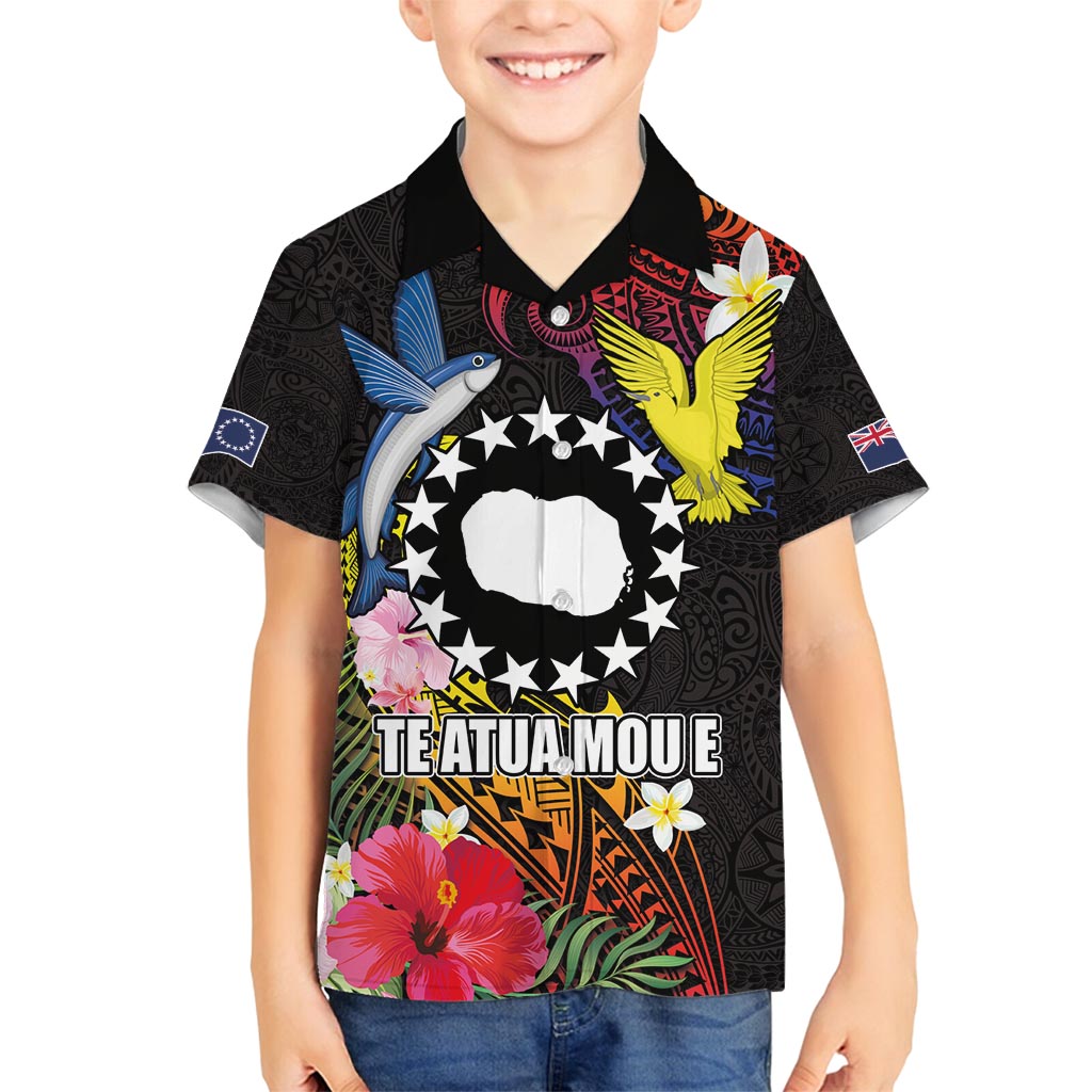 Cook Islands Independence Day Family Matching Off Shoulder Short Dress and Hawaiian Shirt Maroro and Kakaia with Hibiscus Flower Polynesian Pattern LT03 Son's Shirt Black - Polynesian Pride