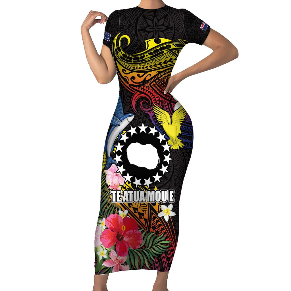 Cook Islands Independence Day Family Matching Short Sleeve Bodycon Dress and Hawaiian Shirt Maroro and Kakaia with Hibiscus Flower Polynesian Pattern LT03 Mom's Dress Black - Polynesian Pride