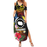 Cook Islands Independence Day Family Matching Summer Maxi Dress and Hawaiian Shirt Maroro and Kakaia with Hibiscus Flower Polynesian Pattern LT03 Mom's Dress Black - Polynesian Pride