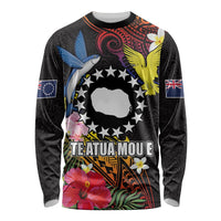 Cook Islands Independence Day Long Sleeve Shirt Maroro and Kakaia with Hibiscus Flower Polynesian Pattern LT03 Unisex Black - Polynesian Pride