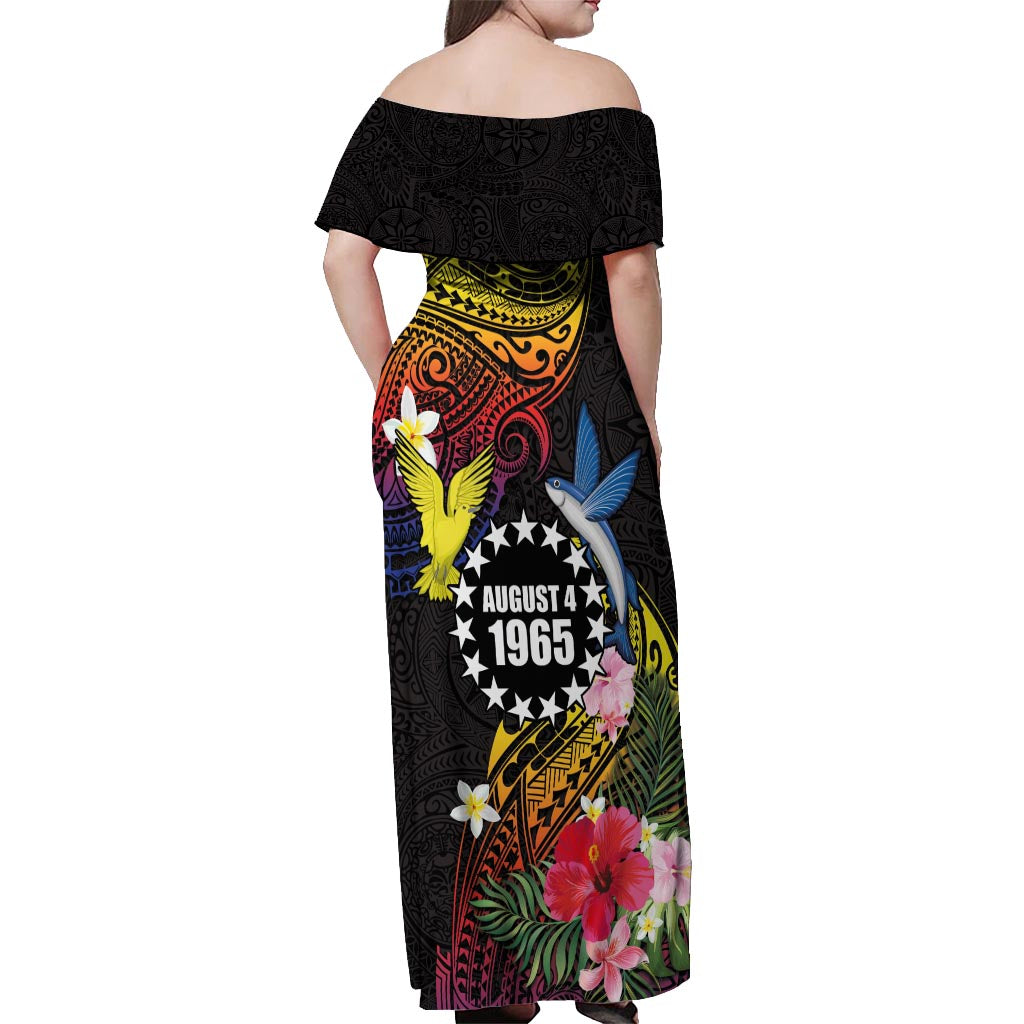 Cook Islands Independence Day Off Shoulder Maxi Dress Maroro and Kakaia with Hibiscus Flower Polynesian Pattern