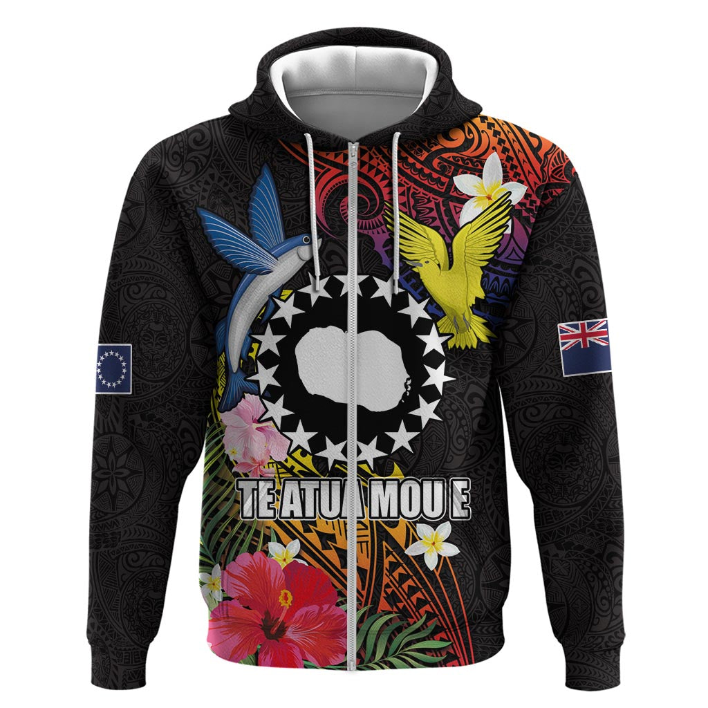 Cook Islands Independence Day Zip Hoodie Maroro and Kakaia with Hibiscus Flower Polynesian Pattern LT03 Zip Hoodie Black - Polynesian Pride