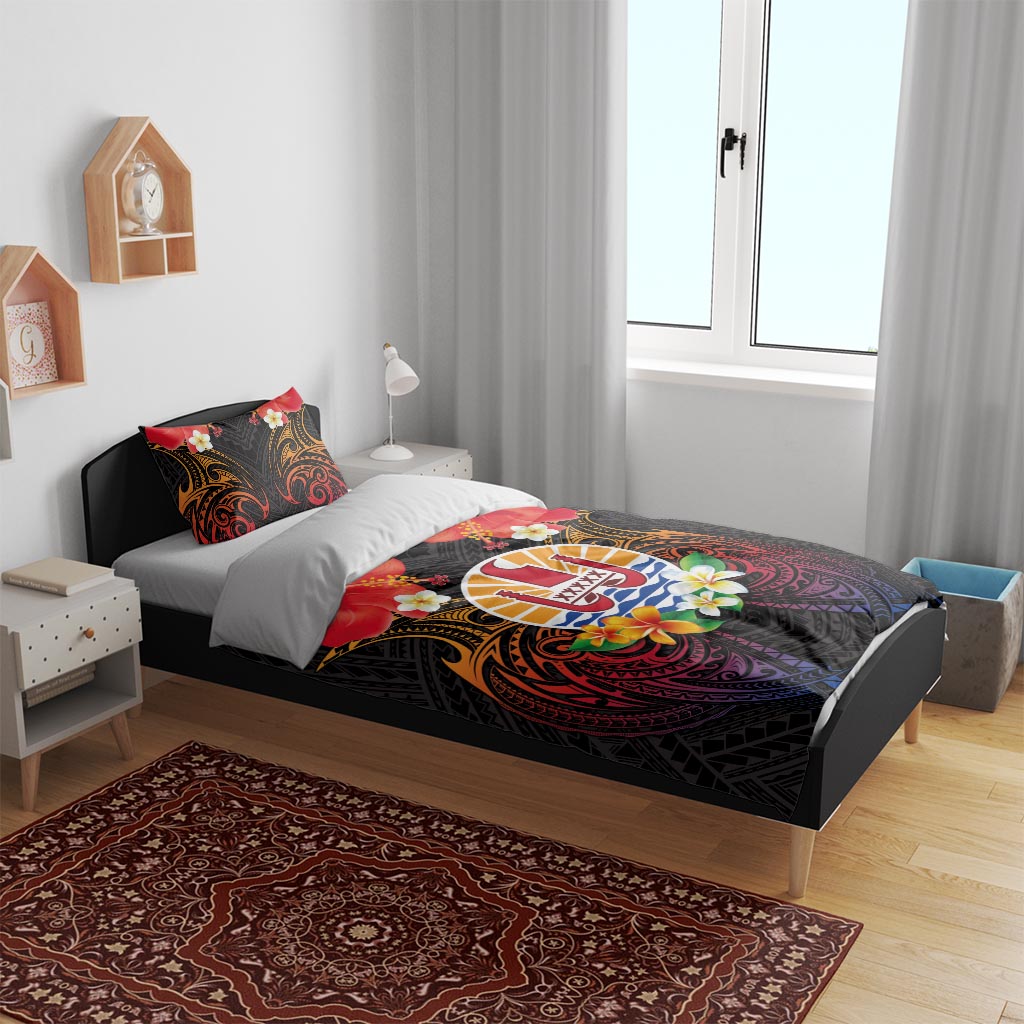 French Polynesia Bastille Day Bedding Set Tiare Flower and National Seal Polynesian Pattern