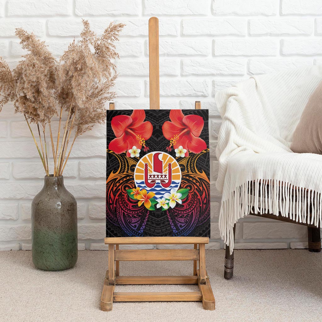 French Polynesia Bastille Day Canvas Wall Art Tiare Flower and National Seal Polynesian Pattern