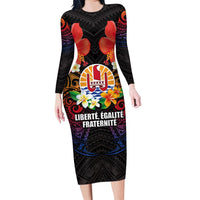 French Polynesia Bastille Day Family Matching Long Sleeve Bodycon Dress and Hawaiian Shirt Tiare Flower and National Seal Polynesian Pattern LT03 Mom's Dress Black - Polynesian Pride