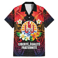 French Polynesia Bastille Day Family Matching Mermaid Dress and Hawaiian Shirt Tiare Flower and National Seal Polynesian Pattern LT03 Dad's Shirt - Short Sleeve Black - Polynesian Pride