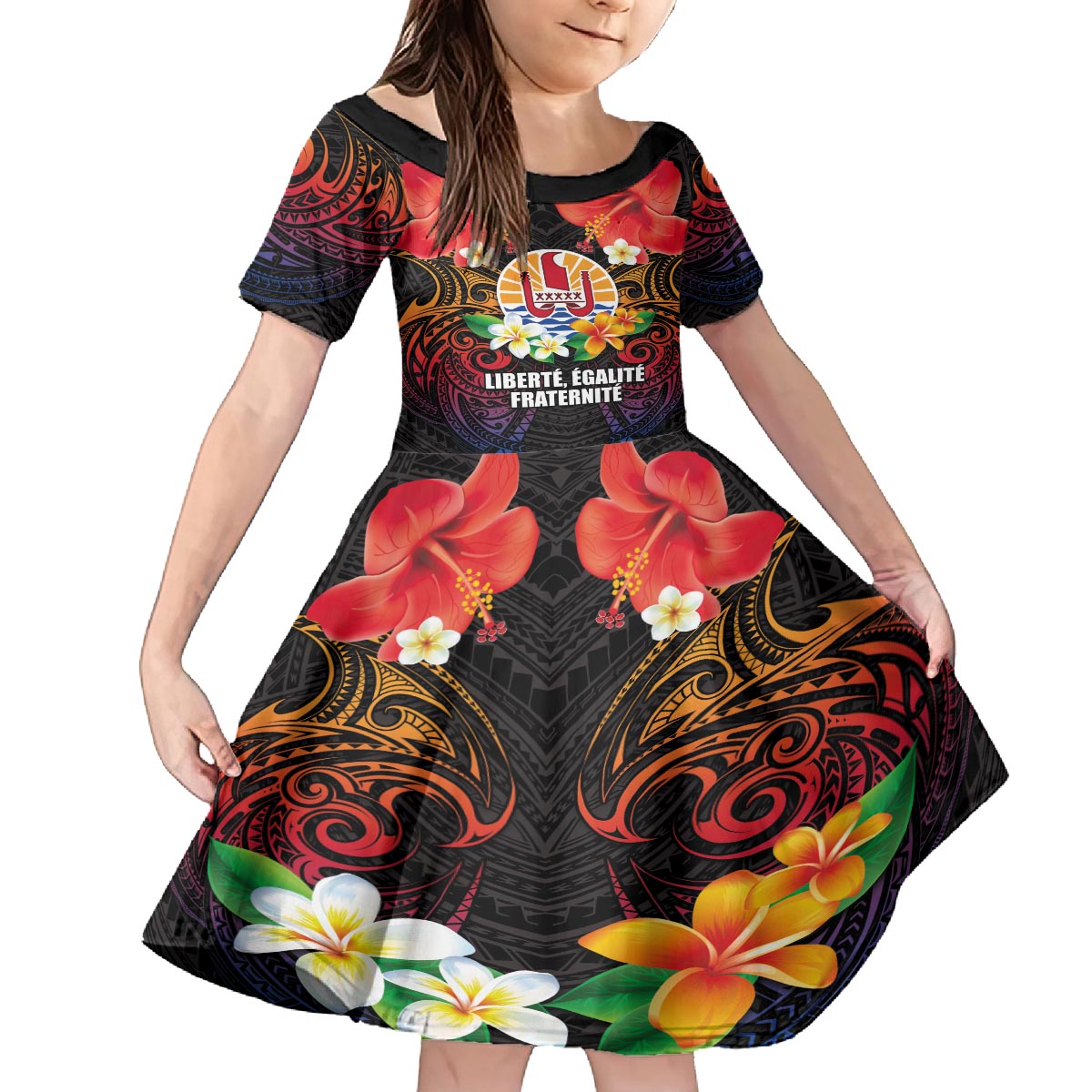 French Polynesia Bastille Day Family Matching Off The Shoulder Long Sleeve Dress and Hawaiian Shirt Tiare Flower and National Seal Polynesian Pattern LT03 Daughter's Dress Black - Polynesian Pride