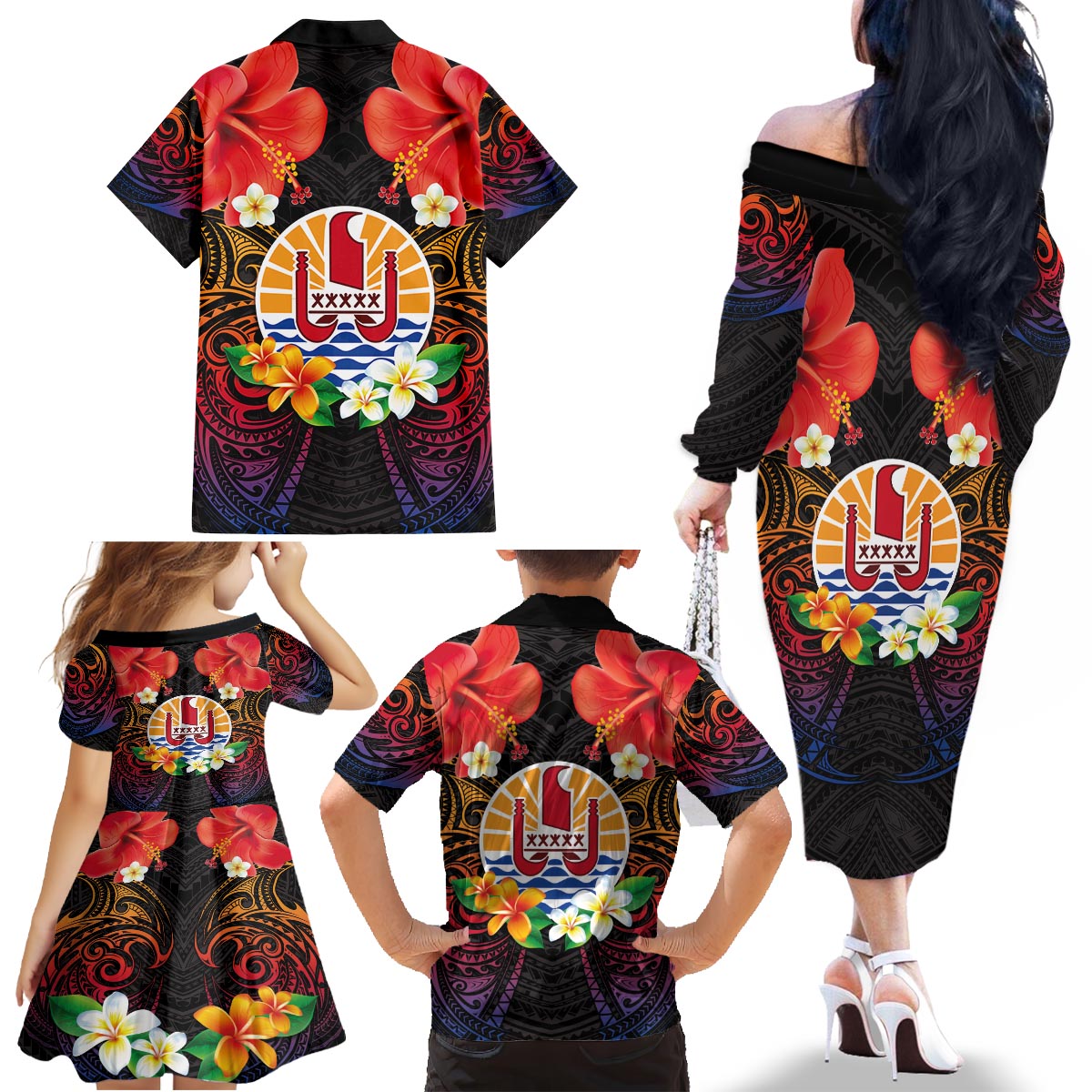 French Polynesia Bastille Day Family Matching Off The Shoulder Long Sleeve Dress and Hawaiian Shirt Tiare Flower and National Seal Polynesian Pattern LT03 - Polynesian Pride