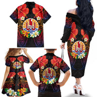 French Polynesia Bastille Day Family Matching Off The Shoulder Long Sleeve Dress and Hawaiian Shirt Tiare Flower and National Seal Polynesian Pattern LT03 - Polynesian Pride