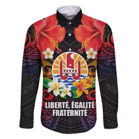 French Polynesia Bastille Day Family Matching Off The Shoulder Long Sleeve Dress and Hawaiian Shirt Tiare Flower and National Seal Polynesian Pattern LT03 Dad's Shirt - Long Sleeve Black - Polynesian Pride