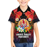French Polynesia Bastille Day Family Matching Off The Shoulder Long Sleeve Dress and Hawaiian Shirt Tiare Flower and National Seal Polynesian Pattern LT03 Son's Shirt Black - Polynesian Pride